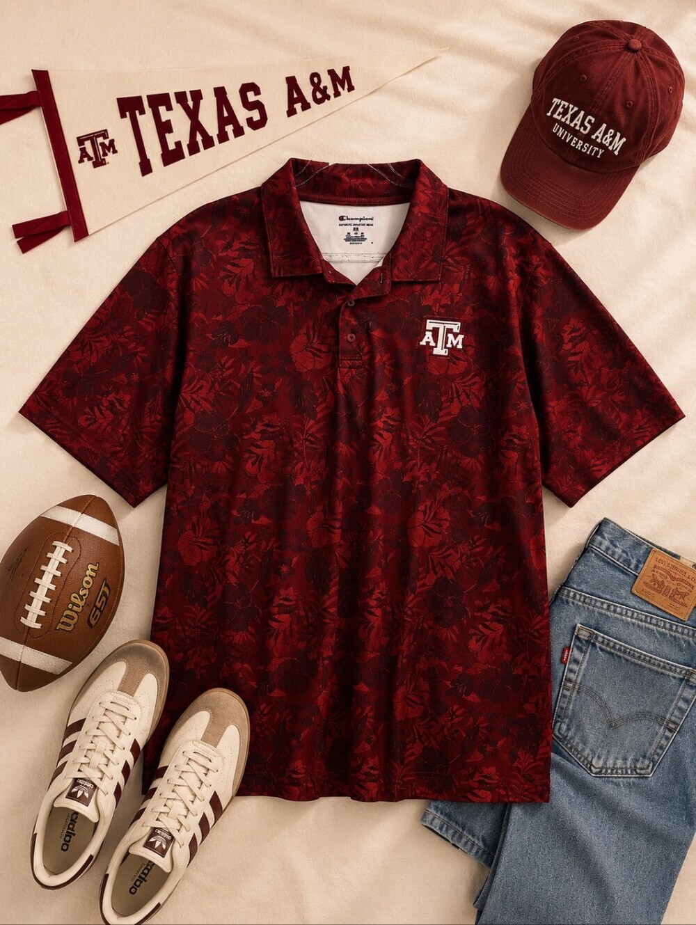 Champion Maroon Texas A&M Floral S Sleeve 1/4 Button Polo Shirt. Mens 2XL